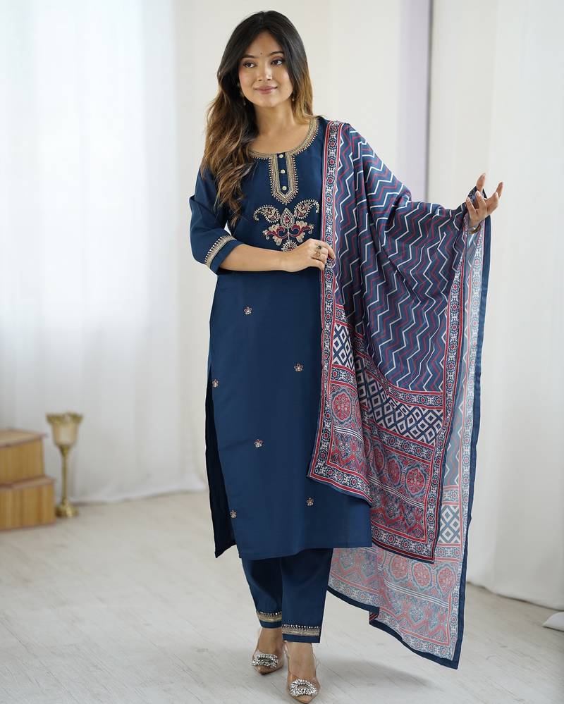 Women's navy blue chanderi silk sequin embroidered kurta pant set with printed muslin dupatta