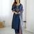 Women's navy blue chanderi silk sequin embroidered kurta pant set with printed muslin dupatta