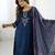 Women's navy blue chanderi silk sequin embroidered kurta pant set with printed muslin dupatta