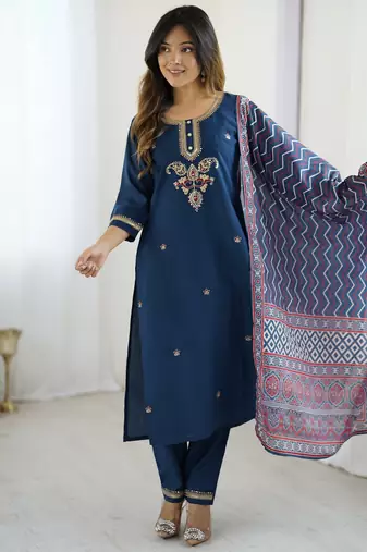Women's navy blue chanderi silk sequin embroidered kurta pant set with printed muslin dupatta