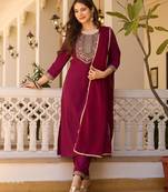 Women's maroon rayon sequin embroidered kurta pant set with solid chinon dupatta