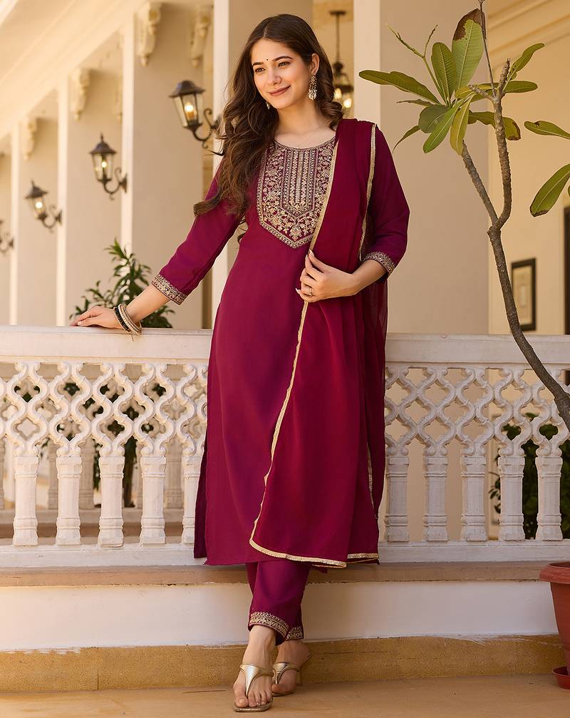 Women's maroon rayon sequin embroidered kurta pant set with solid chinon dupatta