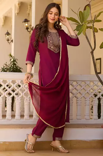 Women's maroon rayon sequin embroidered kurta pant set with solid chinon dupatta