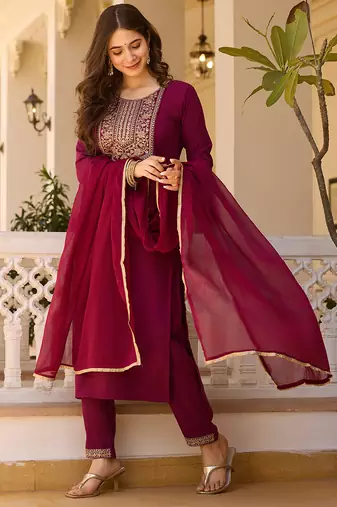 Women's maroon rayon sequin embroidered kurta pant set with solid chinon dupatta