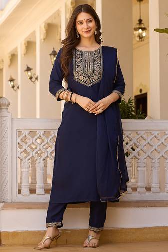 Women's navy rayon sequin embroidered kurta pant set with solid chinon dupatta