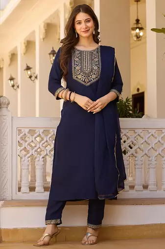 Women's navy rayon sequin embroidered kurta pant set with solid chinon dupatta