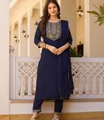 Women's navy rayon sequin embroidered kurta pant set with solid chinon dupatta