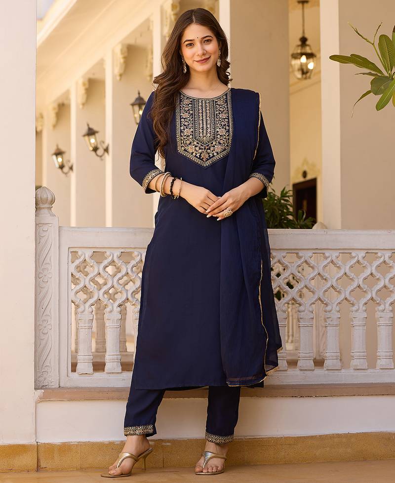 Women's navy rayon sequin embroidered kurta pant set with solid chinon dupatta
