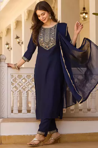 Women's navy rayon sequin embroidered kurta pant set with solid chinon dupatta