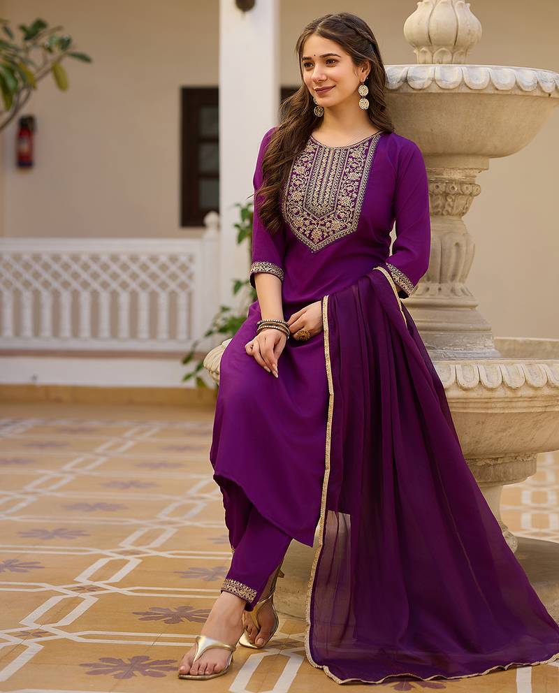 Women's purple rayon sequin embroidered kurta pant set with solid chinon dupatta