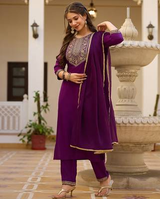 Women's purple rayon sequin embroidered kurta pant set with solid chinon dupatta 3