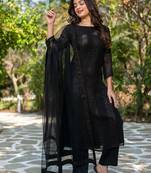 Women's black faux georgette sequin embroidered kurta pant set with net dupatta