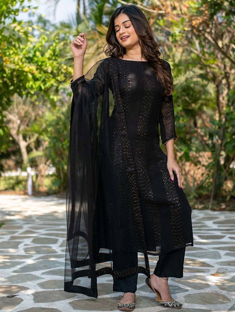Women's black faux georgette sequin embroidered kurta pant set with net dupatta