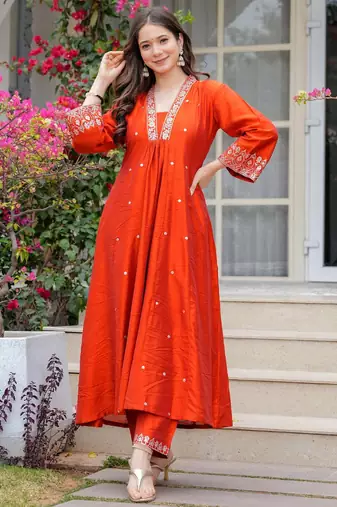 Women's orange viscose chanderi sequin embroidered kurta pant set with chanderi dupatta