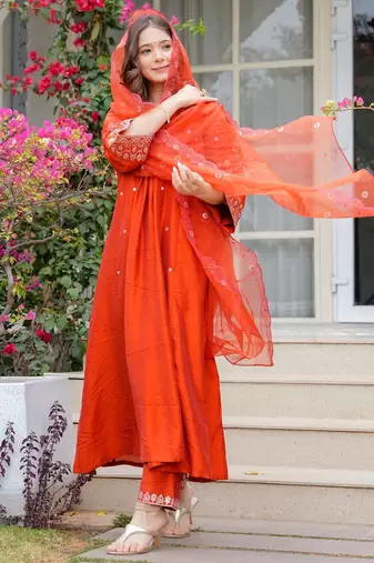 Women's orange viscose chanderi sequin embroidered kurta pant set with chanderi dupatta