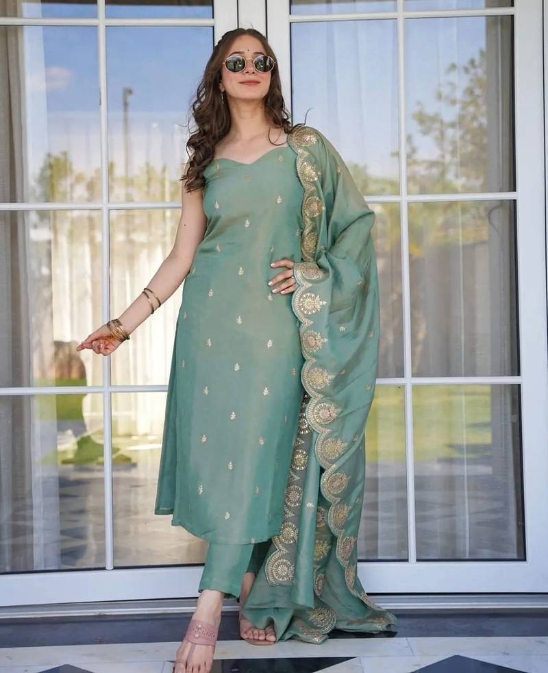Women's olive green viscose chanderi sequin embroidered kurta pant set with dupatta