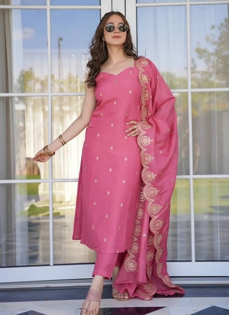 Women's pink green viscose chanderi sequin embroidered kurta pant set with dupatta
