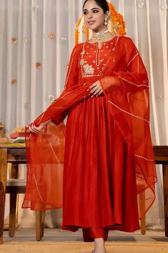 Women's orange chanderi silk sequin embroidered v neck kurta pant set with chanderi dupatta