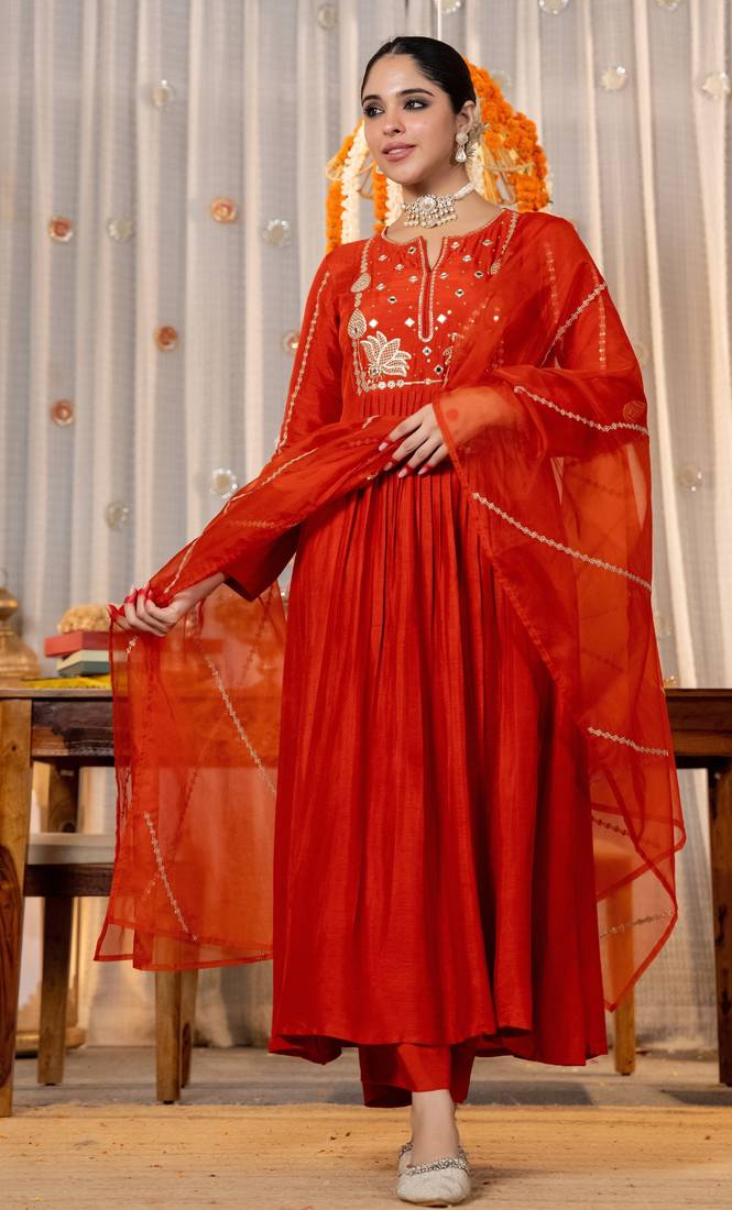 Women's orange chanderi silk sequin embroidered v neck kurta pant set with chanderi dupatta