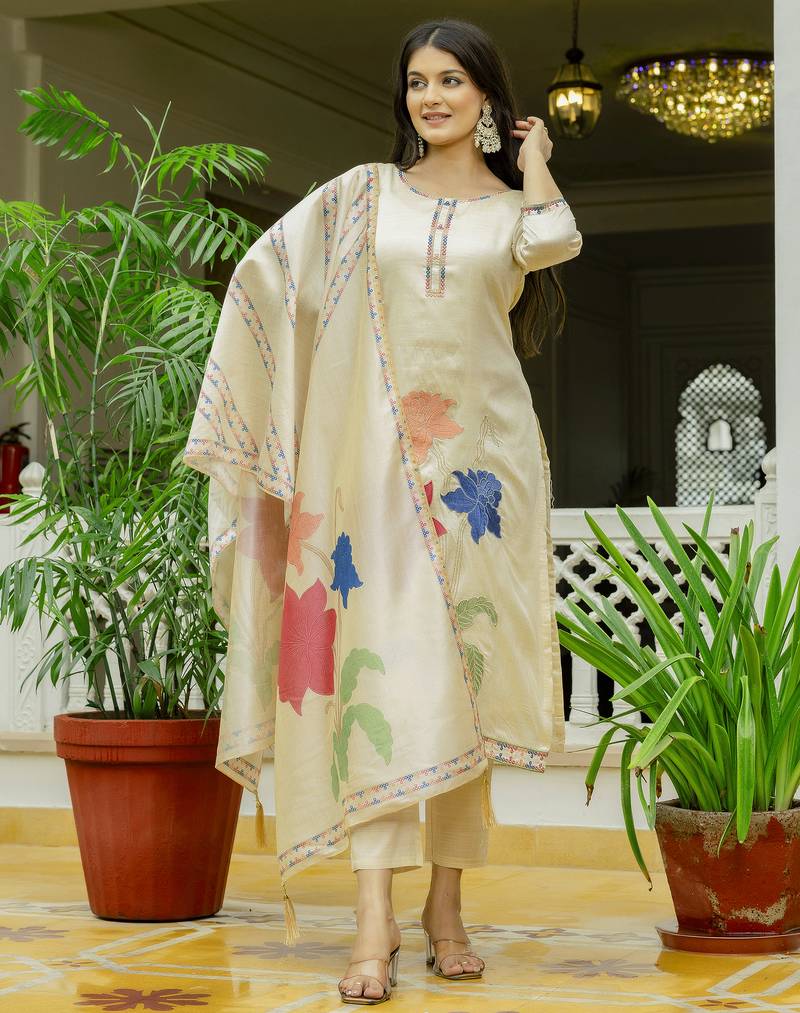 Women's cream viscose silk sequin & stone embroidered kurta pant set with printed silk dupatta