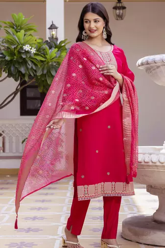 Women's pink viscose chanderi silk kurta pant set with organza dupatta