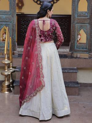 off white silk engagement lehenga with zari sequins work 6