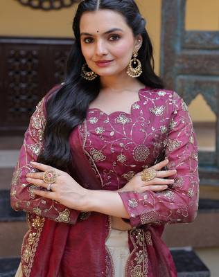 off white silk engagement lehenga with zari sequins work 7