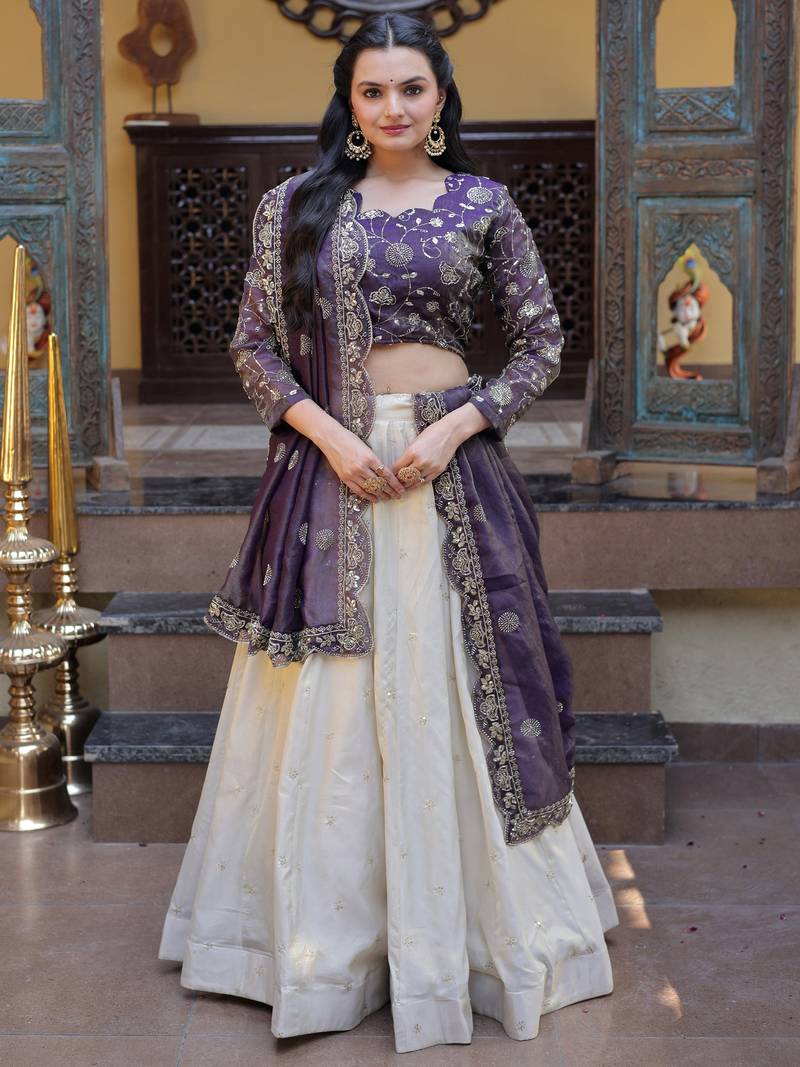 Gorgeous Purple Sequins Silk Sangeet Wear Lehenga Choli With Dupatta