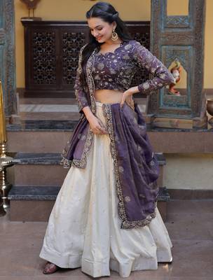 off white sequin work silk lehenga choli with dupatta 4