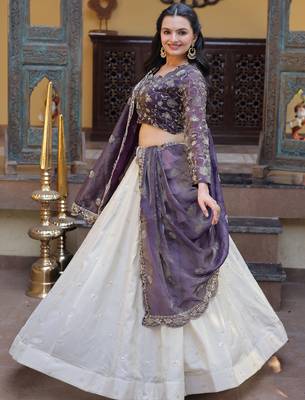 off white sequin work silk lehenga choli with dupatta 6