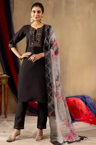 Black embroidered  roman silk straight kurti pant dupatta set