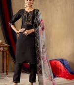 Black embroidered  roman silk straight kurti pant dupatta set