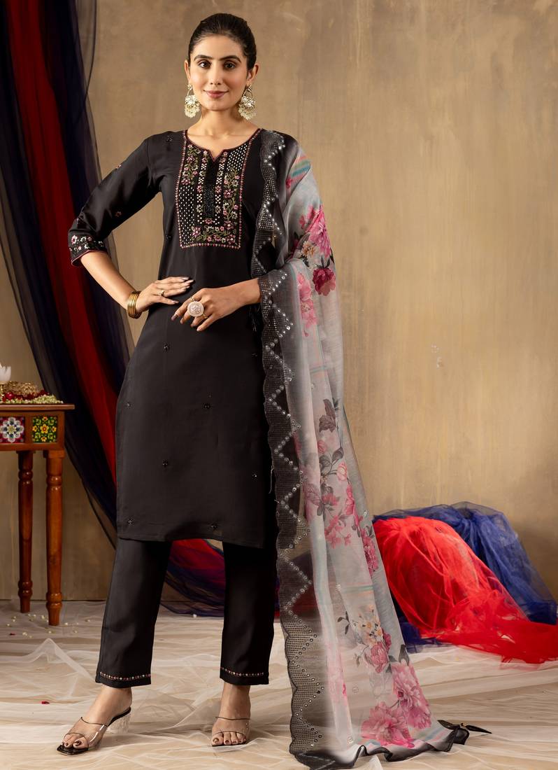 Black embroidered  roman silk straight kurti pant dupatta set