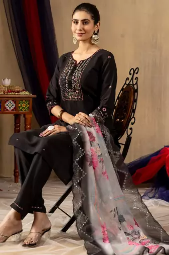Black embroidered  roman silk straight kurti pant dupatta set
