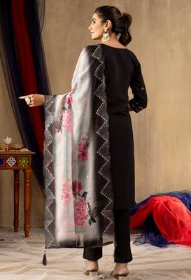 Black embroidered  roman silk straight kurti pant dupatta set 5