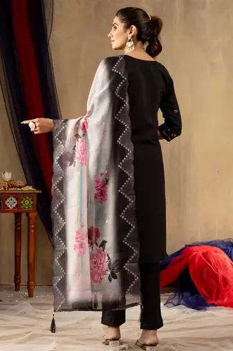 Black embroidered  roman silk straight kurti pant dupatta set