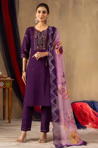 Purple embroidered  roman silk straight kurti pant dupatta set