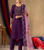 Purple embroidered  roman silk straight kurti pant dupatta set