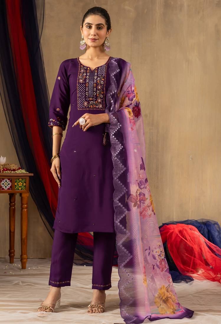 Purple embroidered  roman silk straight kurti pant dupatta set