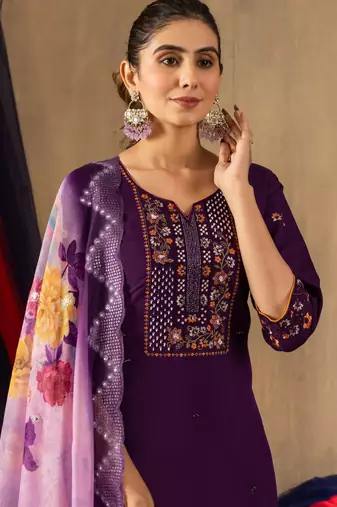 Purple embroidered  roman silk straight kurti pant dupatta set