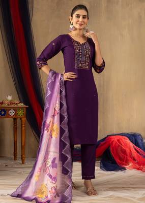 Purple embroidered  roman silk straight kurti pant dupatta set 3