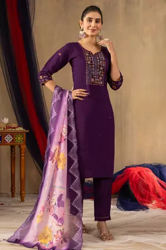 Purple embroidered  roman silk straight kurti pant dupatta set