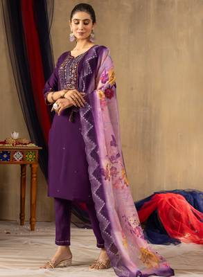 Purple embroidered  roman silk straight kurti pant dupatta set 4