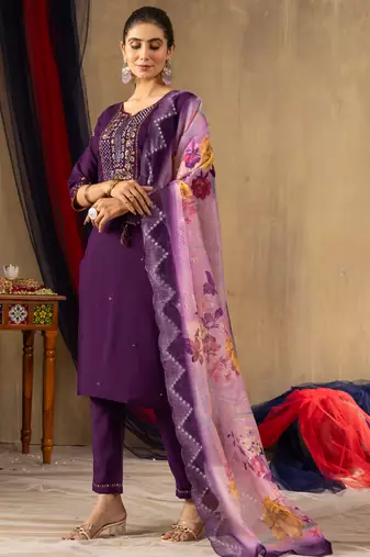 Purple embroidered  roman silk straight kurti pant dupatta set