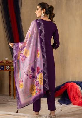 Purple embroidered  roman silk straight kurti pant dupatta set 5