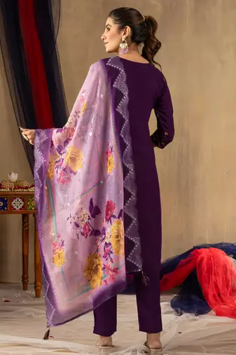 Purple embroidered  roman silk straight kurti pant dupatta set