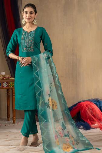 Rama green embroidered  roman silk straight kurti pant dupatta set