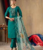 Rama green embroidered  roman silk straight kurti pant dupatta set