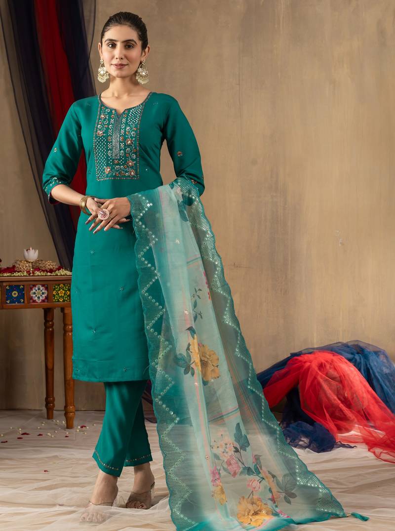 Rama green embroidered  roman silk straight kurti pant dupatta set