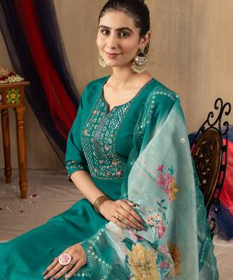Rama green embroidered  roman silk straight kurti pant dupatta set 2